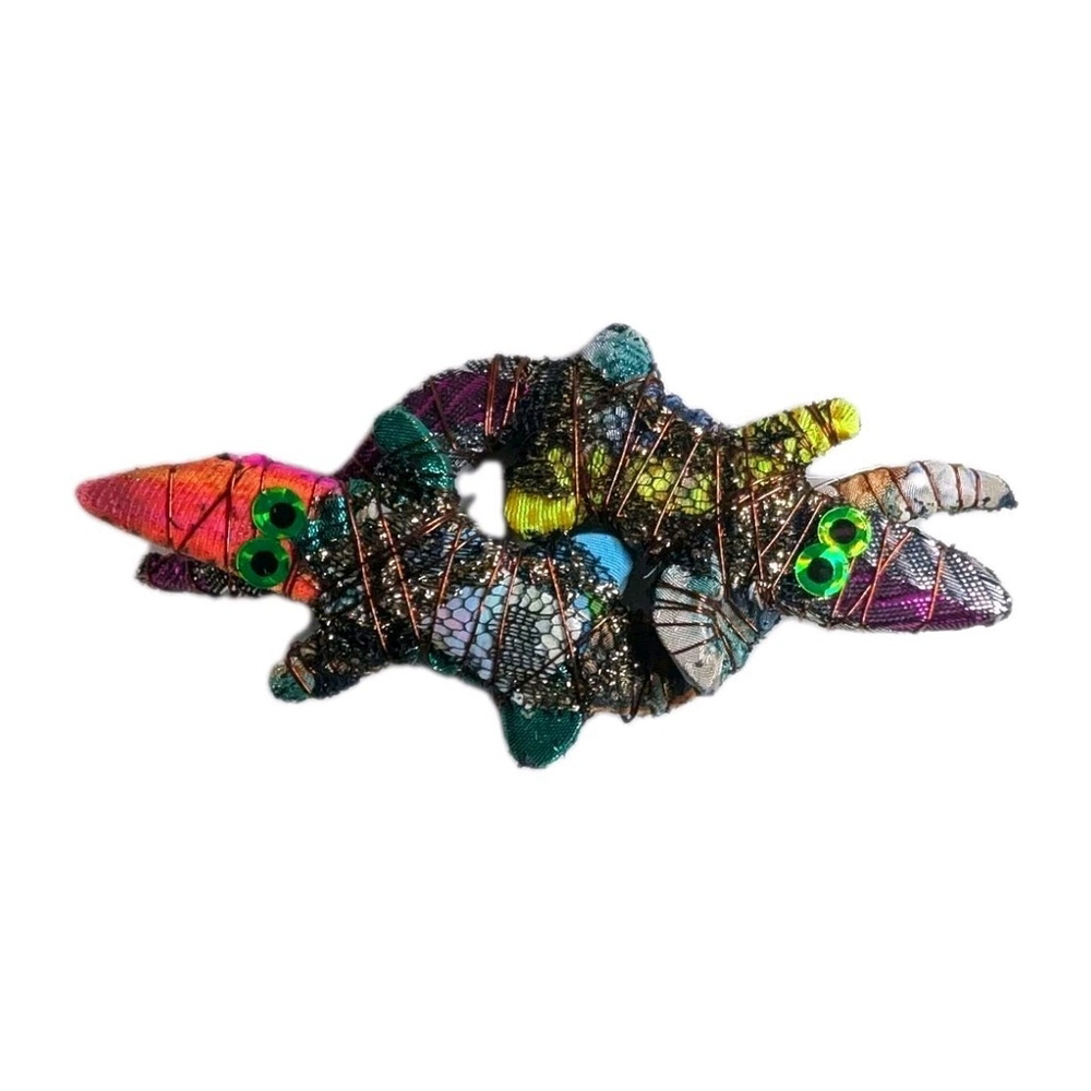 Carnival Fabrics Artisan Reptile Cloth Brooch Pin Wire Wrap Mardi Gras 4"